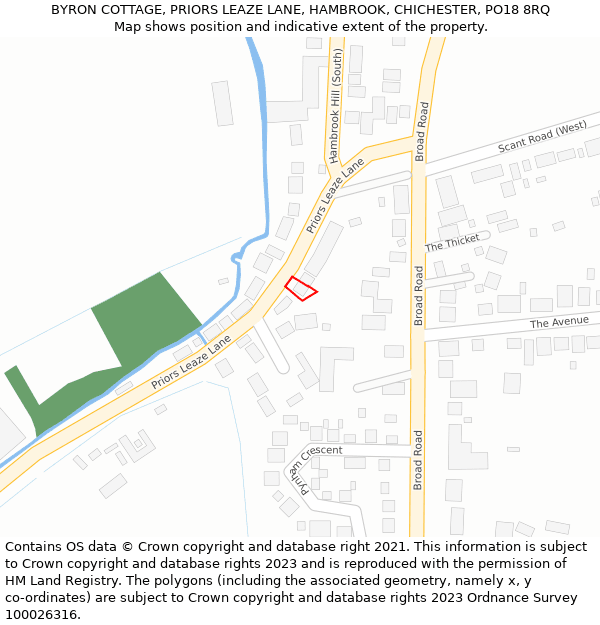 BYRON COTTAGE, PRIORS LEAZE LANE, HAMBROOK, CHICHESTER, PO18 8RQ: Location map and indicative extent of plot