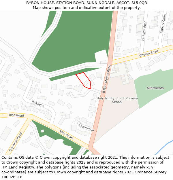 BYRON HOUSE, STATION ROAD, SUNNINGDALE, ASCOT, SL5 0QR: Location map and indicative extent of plot