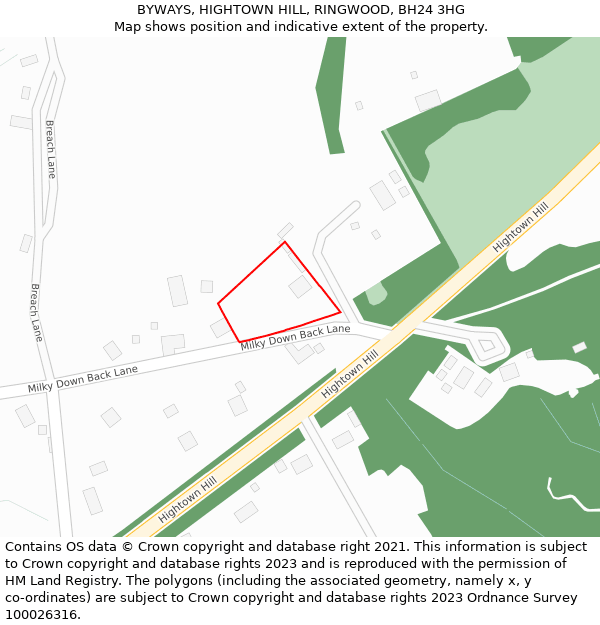 BYWAYS, HIGHTOWN HILL, RINGWOOD, BH24 3HG: Location map and indicative extent of plot