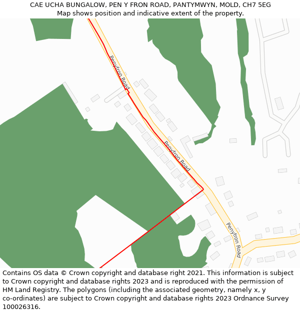 CAE UCHA BUNGALOW, PEN Y FRON ROAD, PANTYMWYN, MOLD, CH7 5EG: Location map and indicative extent of plot