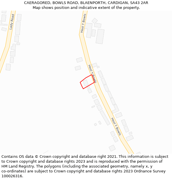 CAERAGORED, BOWLS ROAD, BLAENPORTH, CARDIGAN, SA43 2AR: Location map and indicative extent of plot