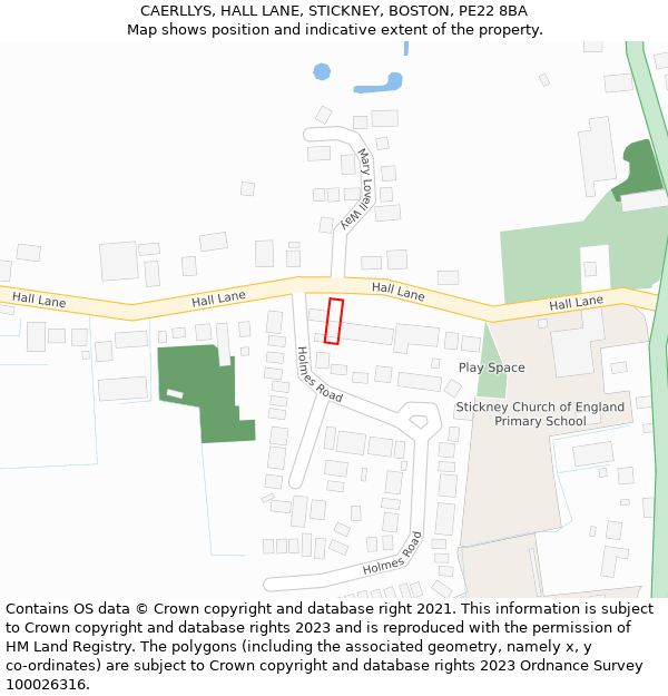 CAERLLYS, HALL LANE, STICKNEY, BOSTON, PE22 8BA: Location map and indicative extent of plot