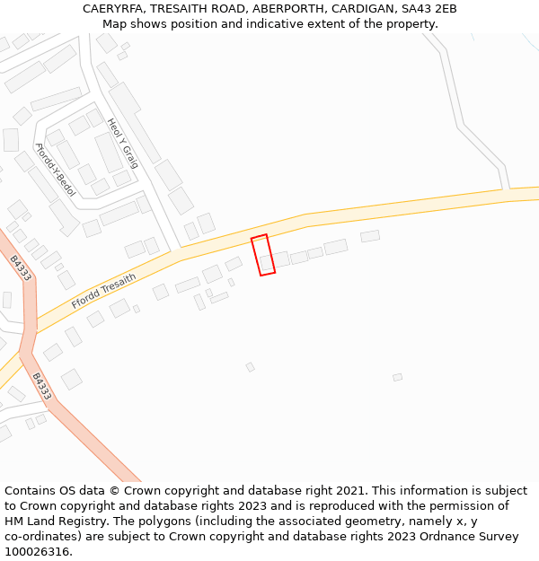 CAERYRFA, TRESAITH ROAD, ABERPORTH, CARDIGAN, SA43 2EB: Location map and indicative extent of plot