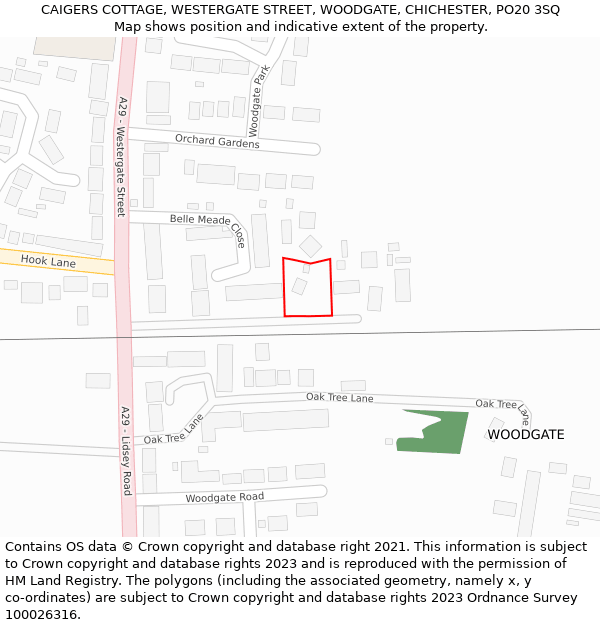 CAIGERS COTTAGE, WESTERGATE STREET, WOODGATE, CHICHESTER, PO20 3SQ: Location map and indicative extent of plot