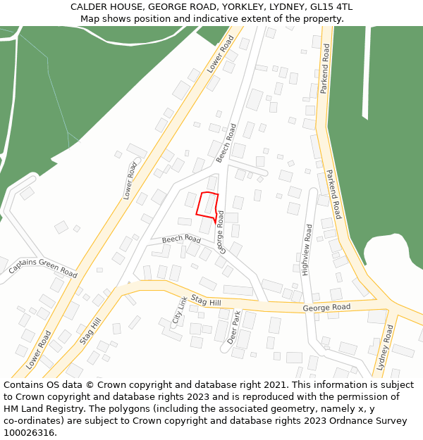 CALDER HOUSE, GEORGE ROAD, YORKLEY, LYDNEY, GL15 4TL: Location map and indicative extent of plot