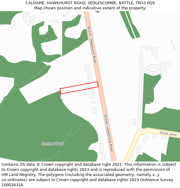 CALHAME, HAWKHURST ROAD, SEDLESCOMBE, BATTLE, TN33 0QS: Location map and indicative extent of plot