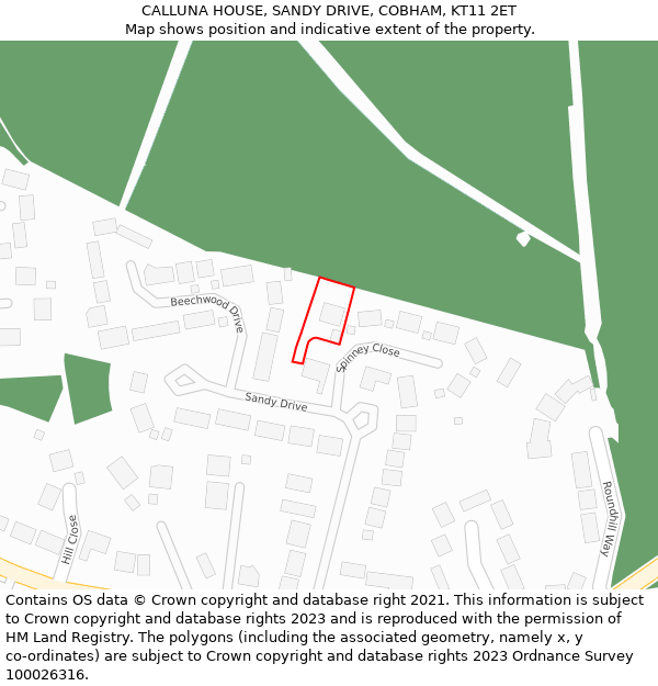 CALLUNA HOUSE, SANDY DRIVE, COBHAM, KT11 2ET: Location map and indicative extent of plot