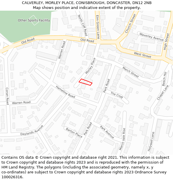 CALVERLEY, MORLEY PLACE, CONISBROUGH, DONCASTER, DN12 2NB: Location map and indicative extent of plot