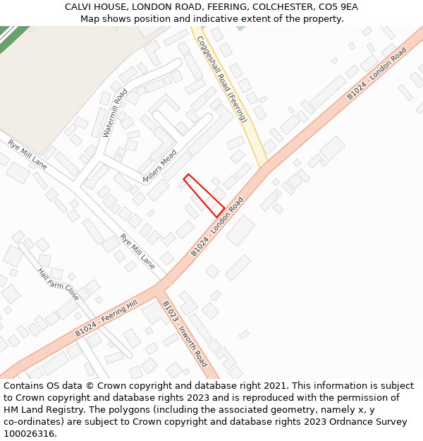 CALVI HOUSE, LONDON ROAD, FEERING, COLCHESTER, CO5 9EA: Location map and indicative extent of plot