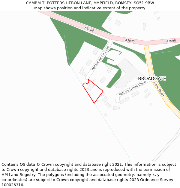 CAMBALT, POTTERS HERON LANE, AMPFIELD, ROMSEY, SO51 9BW: Location map and indicative extent of plot