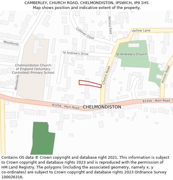 CAMBERLEY, CHURCH ROAD, CHELMONDISTON, IPSWICH, IP9 1HS: Location map and indicative extent of plot