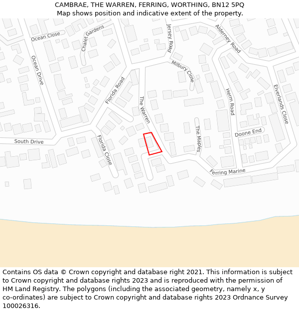 CAMBRAE, THE WARREN, FERRING, WORTHING, BN12 5PQ: Location map and indicative extent of plot