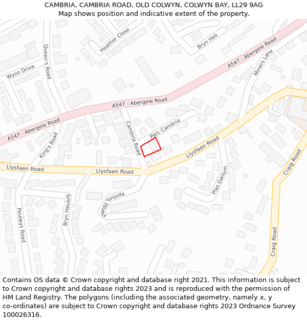 CAMBRIA, CAMBRIA ROAD, OLD COLWYN, COLWYN BAY, LL29 9AG: Location map and indicative extent of plot