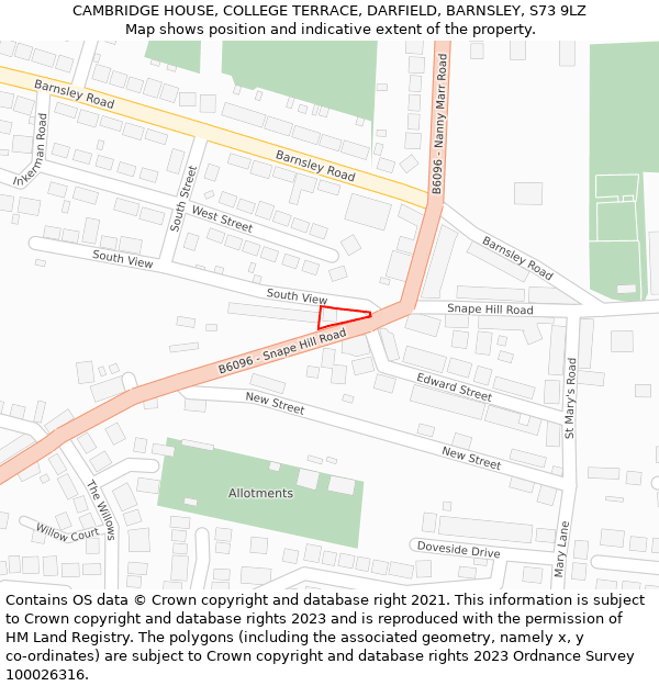 CAMBRIDGE HOUSE, COLLEGE TERRACE, DARFIELD, BARNSLEY, S73 9LZ: Location map and indicative extent of plot