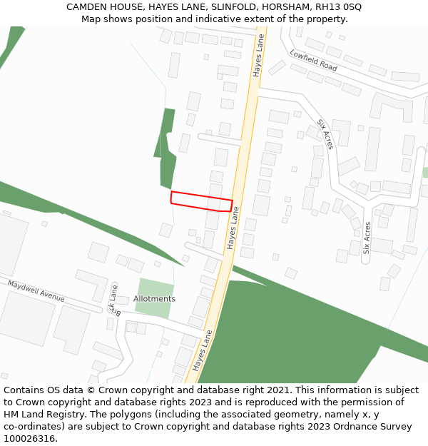 CAMDEN HOUSE, HAYES LANE, SLINFOLD, HORSHAM, RH13 0SQ: Location map and indicative extent of plot