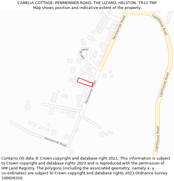 CAMELIA COTTAGE, PENMENNER ROAD, THE LIZARD, HELSTON, TR12 7NP: Location map and indicative extent of plot