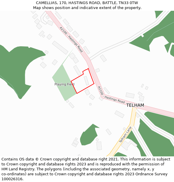 CAMELLIAS, 170, HASTINGS ROAD, BATTLE, TN33 0TW: Location map and indicative extent of plot