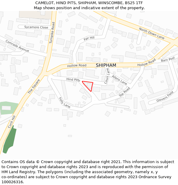 CAMELOT, HIND PITS, SHIPHAM, WINSCOMBE, BS25 1TF: Location map and indicative extent of plot