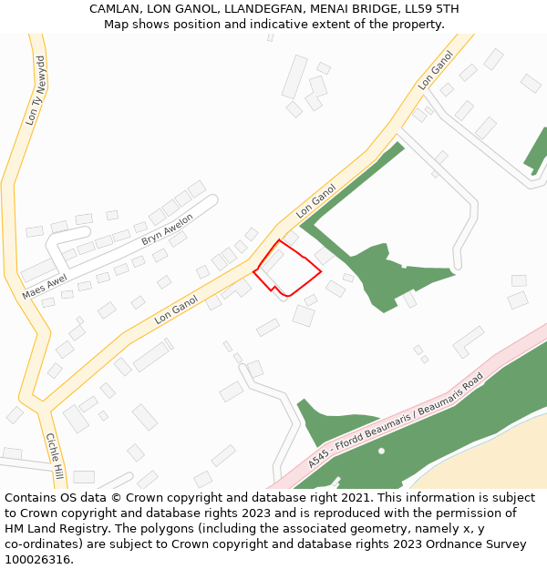 CAMLAN, LON GANOL, LLANDEGFAN, MENAI BRIDGE, LL59 5TH: Location map and indicative extent of plot