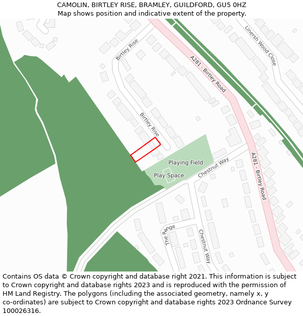 CAMOLIN, BIRTLEY RISE, BRAMLEY, GUILDFORD, GU5 0HZ: Location map and indicative extent of plot