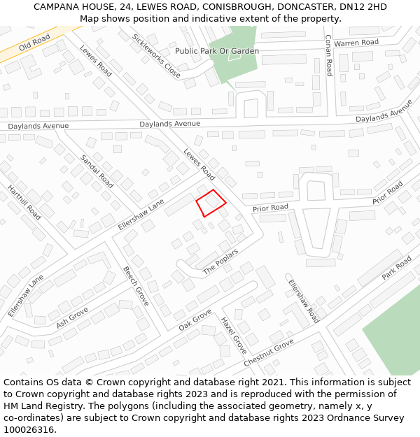 CAMPANA HOUSE, 24, LEWES ROAD, CONISBROUGH, DONCASTER, DN12 2HD: Location map and indicative extent of plot
