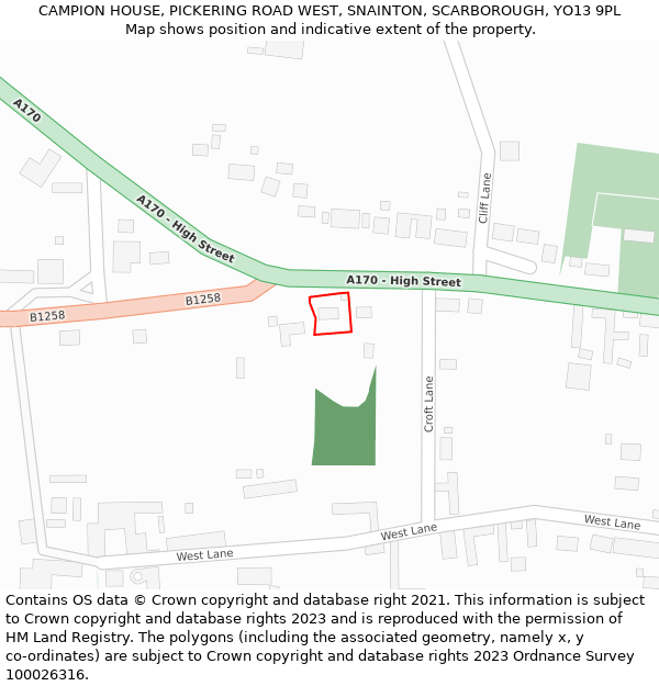 CAMPION HOUSE, PICKERING ROAD WEST, SNAINTON, SCARBOROUGH, YO13 9PL: Location map and indicative extent of plot