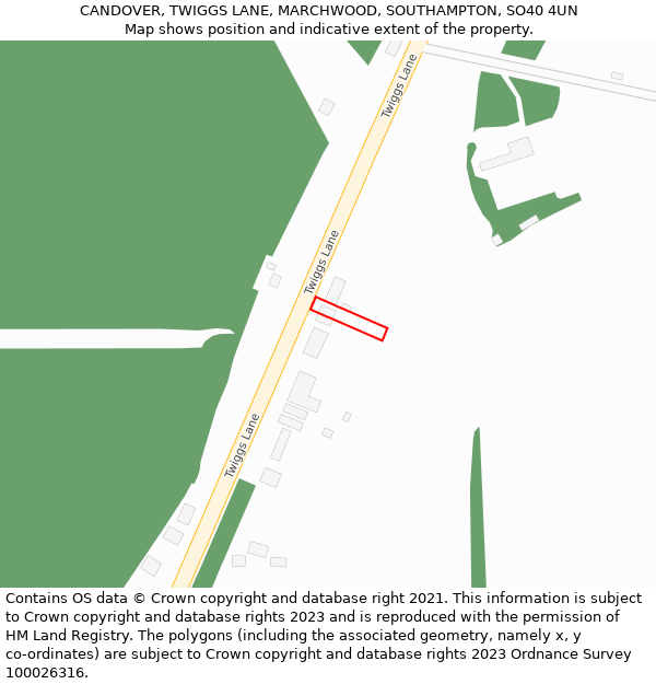 CANDOVER, TWIGGS LANE, MARCHWOOD, SOUTHAMPTON, SO40 4UN: Location map and indicative extent of plot