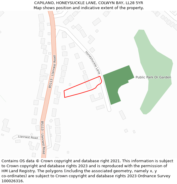CAPILANO, HONEYSUCKLE LANE, COLWYN BAY, LL28 5YR: Location map and indicative extent of plot