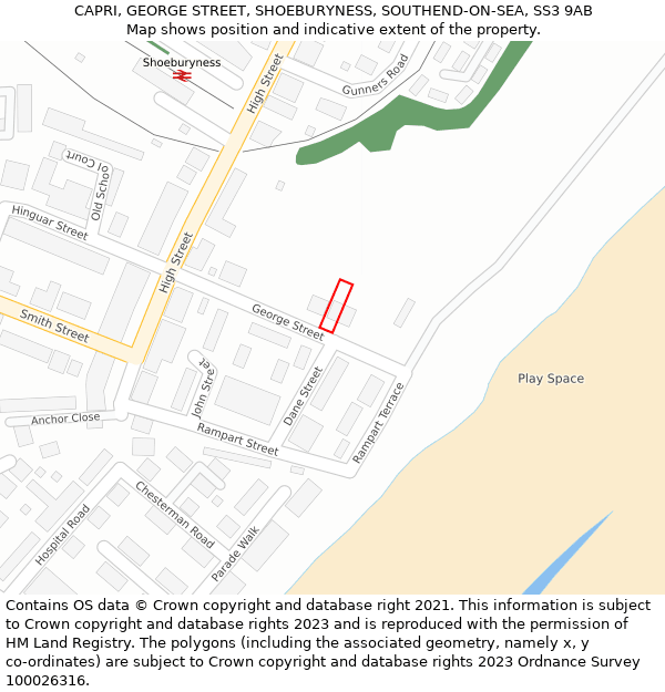 CAPRI, GEORGE STREET, SHOEBURYNESS, SOUTHEND-ON-SEA, SS3 9AB: Location map and indicative extent of plot