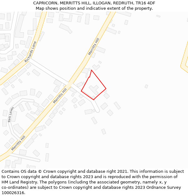 CAPRICORN, MERRITTS HILL, ILLOGAN, REDRUTH, TR16 4DF: Location map and indicative extent of plot