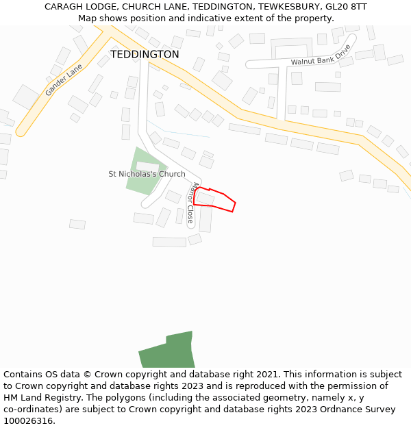 CARAGH LODGE, CHURCH LANE, TEDDINGTON, TEWKESBURY, GL20 8TT: Location map and indicative extent of plot