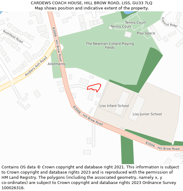 CARDEWS COACH HOUSE, HILL BROW ROAD, LISS, GU33 7LQ: Location map and indicative extent of plot