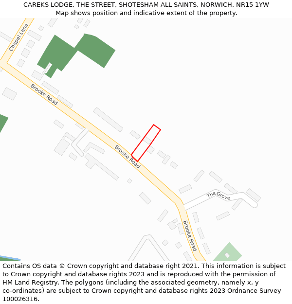 CAREKS LODGE, THE STREET, SHOTESHAM ALL SAINTS, NORWICH, NR15 1YW: Location map and indicative extent of plot