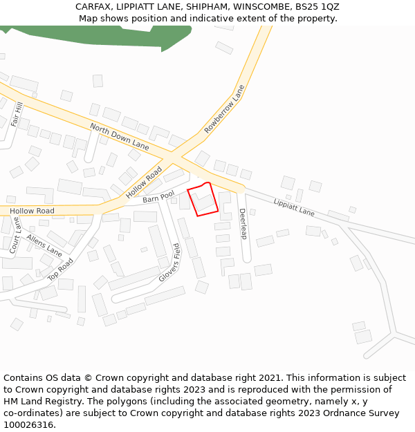 CARFAX, LIPPIATT LANE, SHIPHAM, WINSCOMBE, BS25 1QZ: Location map and indicative extent of plot