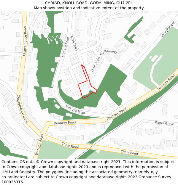 CARIAD, KNOLL ROAD, GODALMING, GU7 2EL: Location map and indicative extent of plot