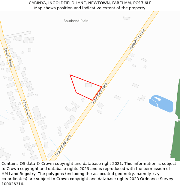 CARINYA, INGOLDFIELD LANE, NEWTOWN, FAREHAM, PO17 6LF: Location map and indicative extent of plot