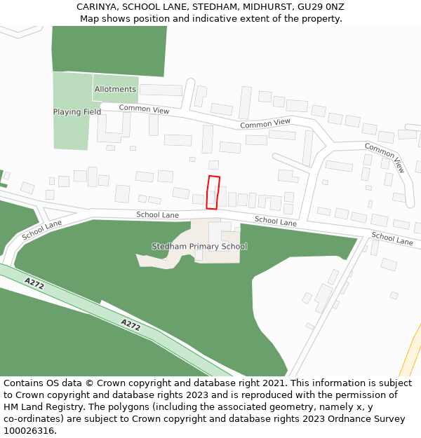 CARINYA, SCHOOL LANE, STEDHAM, MIDHURST, GU29 0NZ: Location map and indicative extent of plot