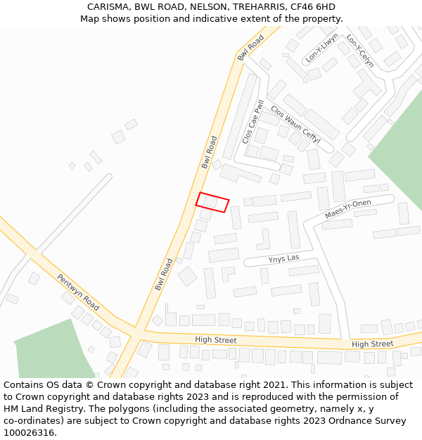 CARISMA, BWL ROAD, NELSON, TREHARRIS, CF46 6HD: Location map and indicative extent of plot