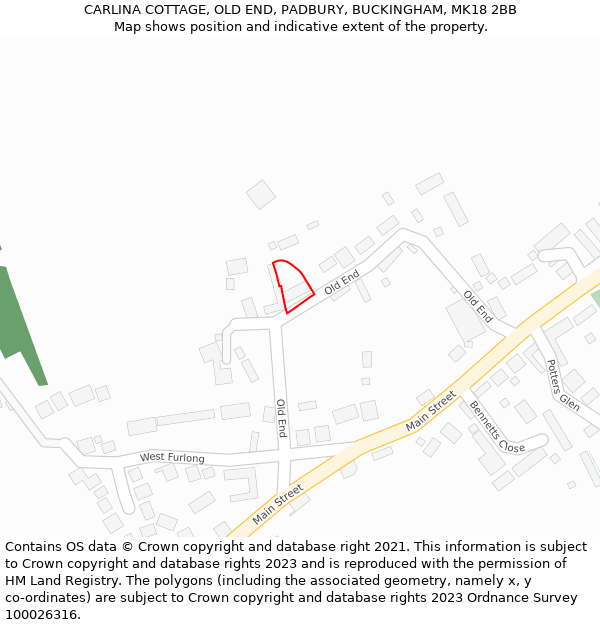 CARLINA COTTAGE, OLD END, PADBURY, BUCKINGHAM, MK18 2BB: Location map and indicative extent of plot