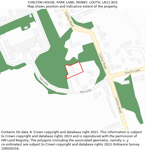 CARLTON HOUSE, PARK LANE, MANBY, LOUTH, LN11 8US: Location map and indicative extent of plot