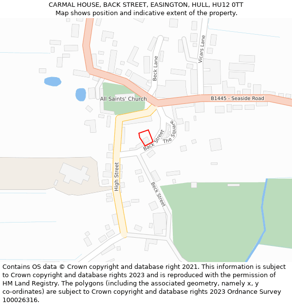 CARMAL HOUSE, BACK STREET, EASINGTON, HULL, HU12 0TT: Location map and indicative extent of plot