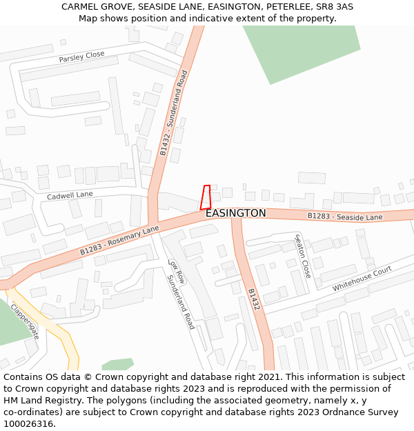 CARMEL GROVE, SEASIDE LANE, EASINGTON, PETERLEE, SR8 3AS: Location map and indicative extent of plot