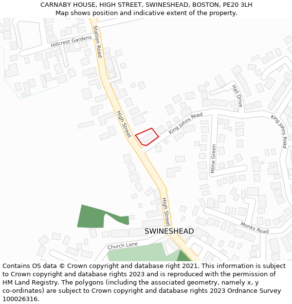 CARNABY HOUSE, HIGH STREET, SWINESHEAD, BOSTON, PE20 3LH: Location map and indicative extent of plot