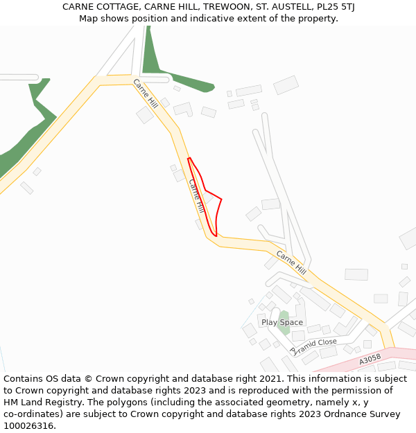 CARNE COTTAGE, CARNE HILL, TREWOON, ST. AUSTELL, PL25 5TJ: Location map and indicative extent of plot