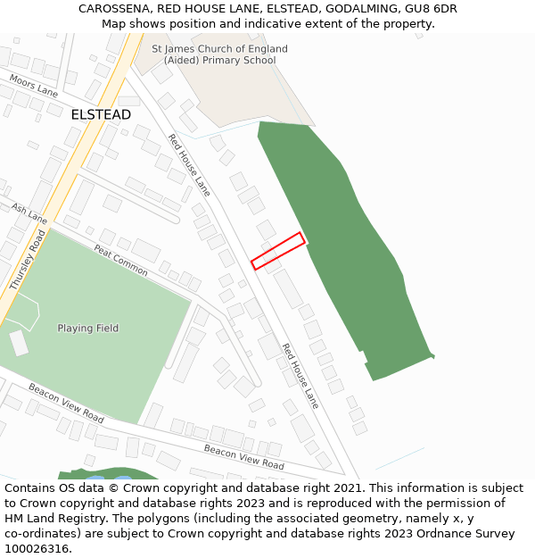 CAROSSENA, RED HOUSE LANE, ELSTEAD, GODALMING, GU8 6DR: Location map and indicative extent of plot