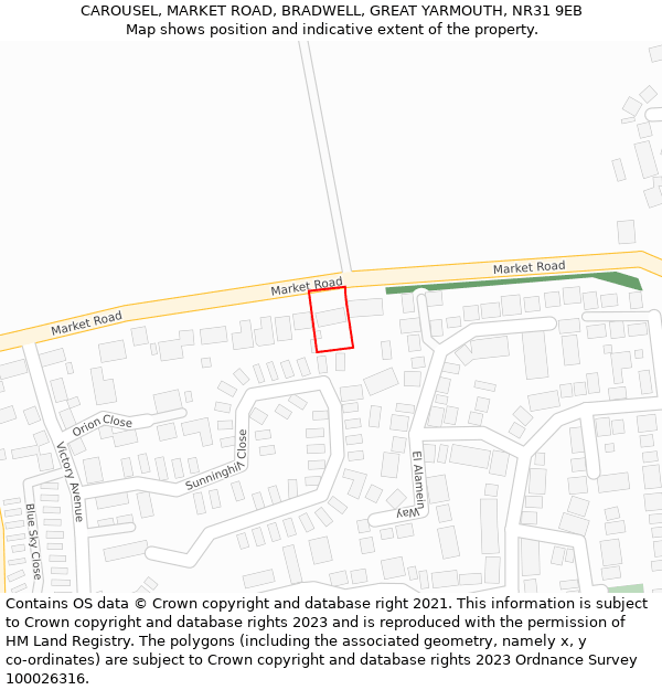 CAROUSEL, MARKET ROAD, BRADWELL, GREAT YARMOUTH, NR31 9EB: Location map and indicative extent of plot