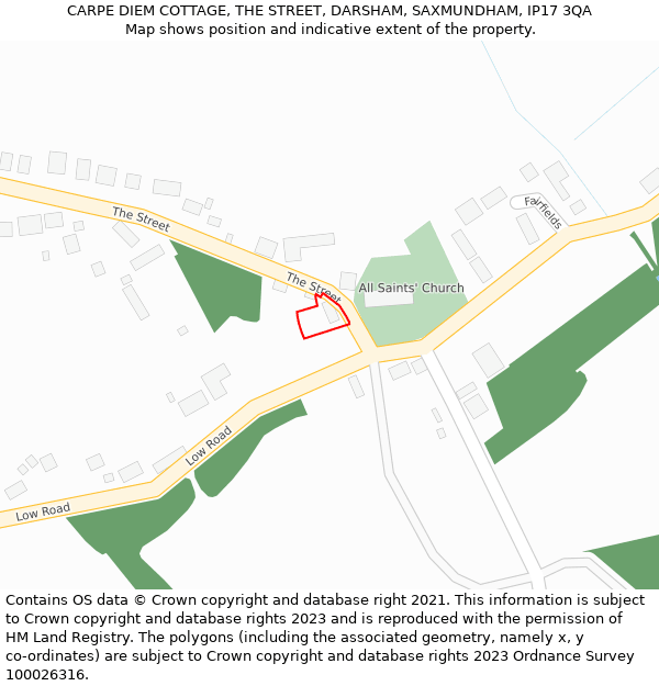 CARPE DIEM COTTAGE, THE STREET, DARSHAM, SAXMUNDHAM, IP17 3QA: Location map and indicative extent of plot