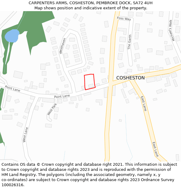 CARPENTERS ARMS, COSHESTON, PEMBROKE DOCK, SA72 4UH: Location map and indicative extent of plot
