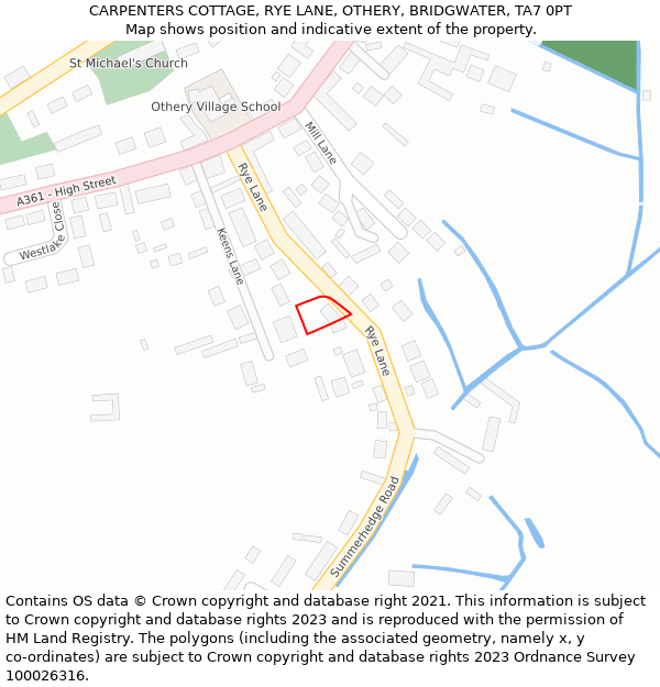 CARPENTERS COTTAGE, RYE LANE, OTHERY, BRIDGWATER, TA7 0PT: Location map and indicative extent of plot