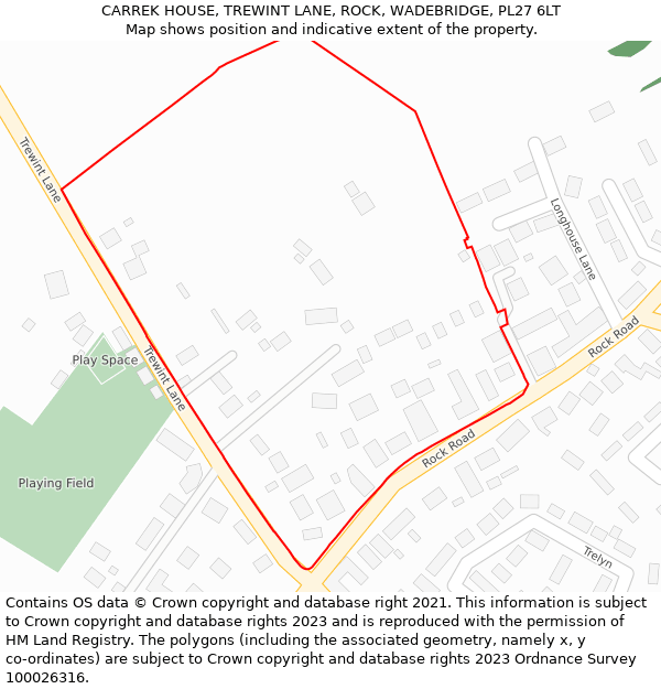 CARREK HOUSE, TREWINT LANE, ROCK, WADEBRIDGE, PL27 6LT: Location map and indicative extent of plot